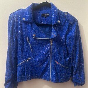 Generation Love Whitney Hot Electric Blue Sequin Crop Moto Lined Snap Jacket